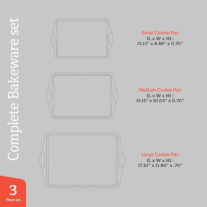 Baking Pan Set - Nonstick Coating, Carbon Steel Bakeware Sets with Gray Silicone Handles, PFOA, PFOS, PTFE Free, Recipe Booklet Included, Oven Safe Tray (Up To 450° F), Set of 3 - Gray