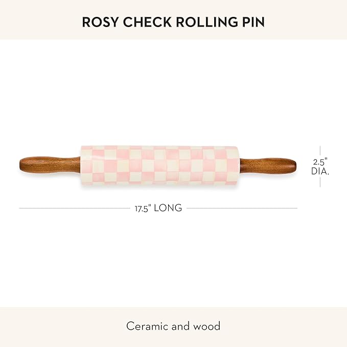 MACKENZIE-CHILDS Rolling Pin, Ceramic Decorative Roller Pin for Baking, Pink-and-White Rosy Check