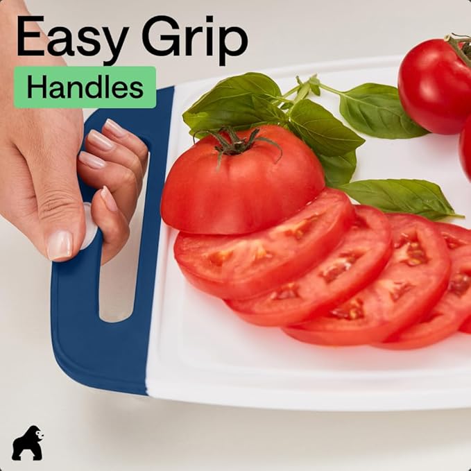 GORILLA GRIP BPA-Free Reversible Kitchen Cutting Board Set of 3, US Designed, Nonporous, Juice Grooves Catch Liquid, Slip Resistant Border, Dishwasher Safe Large Food Chopping Boards, Red Blue Green