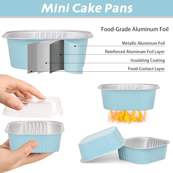 200 Pack 10 oz Square Mini Cake Pans with Lids, Disposable Aluminum Foil Baking Cups, Mini Ramekins for Brownies, Cupcakes, Cheesecake, Individual Desserts, Christmas Parties & Catering (Blue)