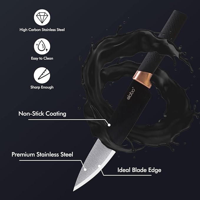 elabo Kitchen Knife Set - 16 Pcs Knife Set with Acrylic Block and Sharpener, Stainless Steel Knives Set for Kitchen Includes Sharp Knives, 6 Serrated Steak Knives, Dishwasher Safe(Rose Gold)