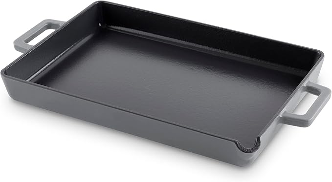 DASH Zakarian by Dash 9"x13" Nonstick Cast Iron Pan with Pour Spout and Removable Silicone Grips for Searing, Baking, Broiling, Grilling and more - Grey