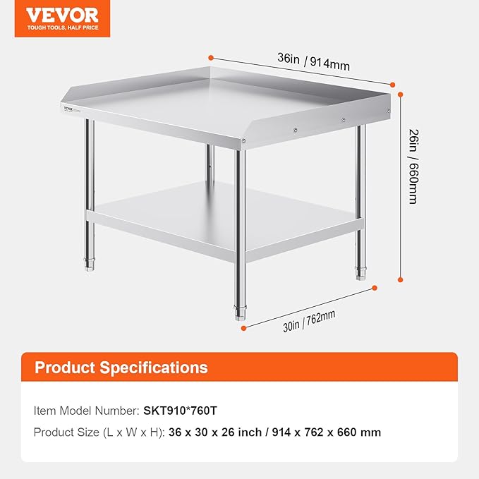 VEVOR Stainless Steel Work Table, 30 x 36 x 26 Inch Commercial Food Prep Worktable, 3-Sided Backsplash Heavy Duty Prep Worktable, Metal Work Table with Adjustable Height for Restaurant Home Hotel