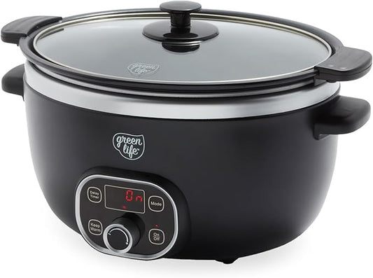 GreenLife 6QT Slow Cooker, Non-Toxic PFAS-Free Ceramic Nonstick Removable Interior Bowl, Programmable, Family Friendly, Keep Warm, Stovetop & Oven Safe, Dishwasher Safe Crock, Timer, Glass Lid, Black