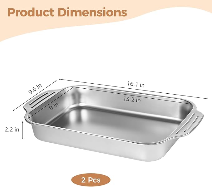 2 Pcs Stainless Steel Cake Pans, 9x13 Rectangular Baking Pans with Silicone Brush & Spatula, Cake Baking Trays with Double Handle, Rectangle Baking Bakeware for Breads, Meats (Without lid)