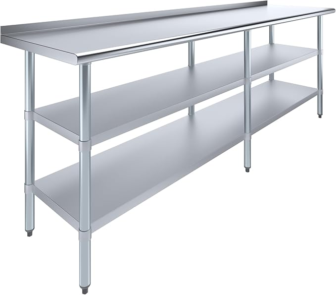 AmGood Stainless Steel Work Table with 1.5" Backsplash and 2 Shelves | Metal Kitchen Food Prep Table | NSF (96" Long x 24" Deep)