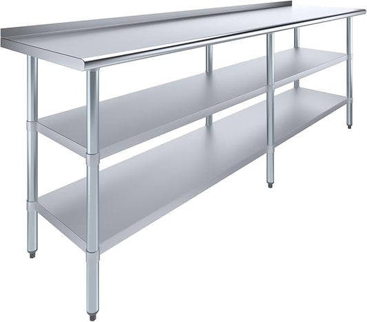 AmGood Stainless Steel Work Table with 1.5" Backsplash and 2 Shelves | Metal Kitchen Food Prep Table | NSF (96" Long x 24" Deep)
