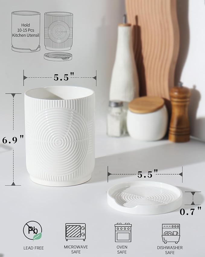Utensil Holder, 7.2" Kitchen Utensil Holder for Counter, 2-in-1 Ceramic Cooking Utensils Holders with Spoon Rest, Utensil Crock for Spatula, Ideal Housewarming Gift (White)