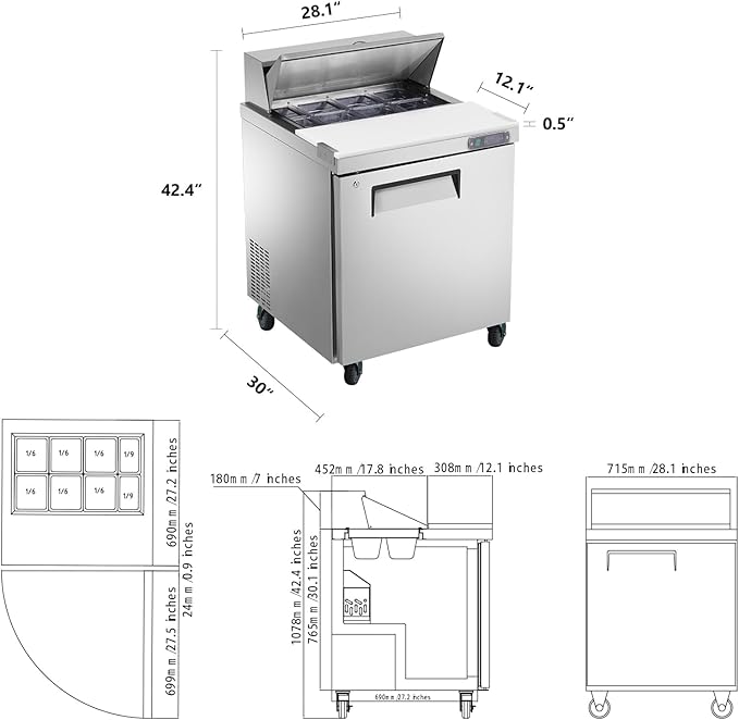 JINSONG 28" Stainless Steel Sandwich & Salad Prep Table, Commercial Refrigerated Food Prep Station with Cutting Board & 8 Pans, 7.4 cu. ft Fridge Salad Bar for Restaurants, Bars, Shops,delis