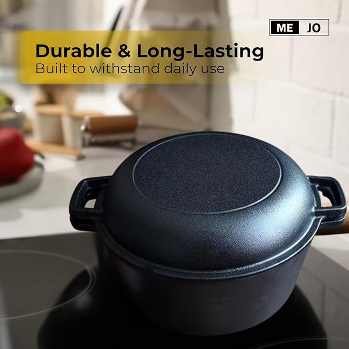 ME JO 6qt Cast Iron Dutch Oven with Multi-Functional Cast Iron Skillet Lid – Heavy-Duty Casserole Dish with Lid for Bread Making, Roasting to Frying | 4.8L Capacity | Pre-Seasoned, Hob and Oven Safe