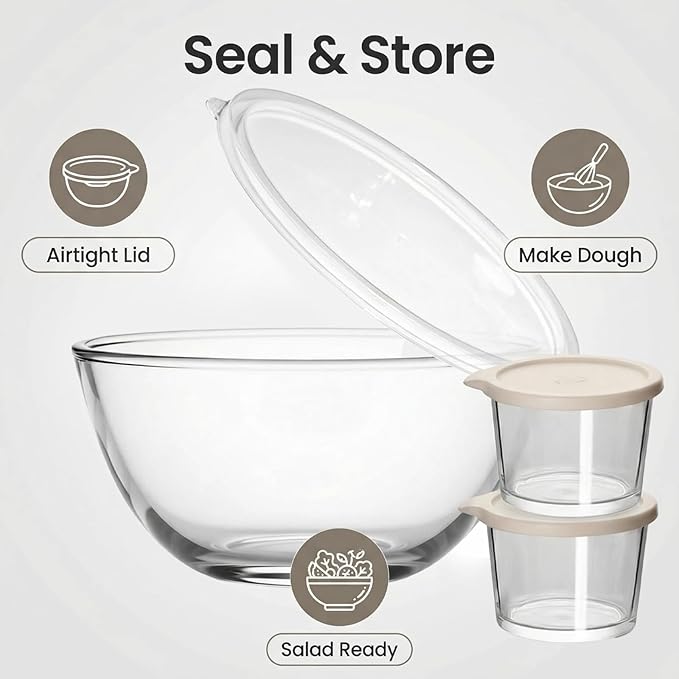 Large Glass Bowl for Sourdough Bread Making with Lid, 5Quart Deep Big Glass Bowl Large Salad Bowl with 8oz Small Bowls(clear)