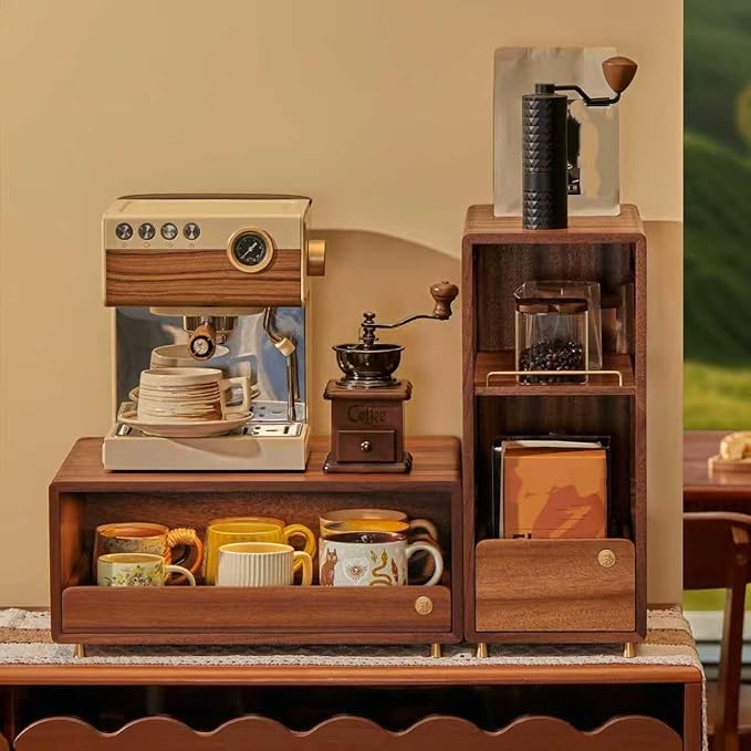 Coffee Station Organizer Wood Coffee Bar Organizer with Drawer Countertop Wooden Mug Holder for Kitchen CoffeeMaker Stand