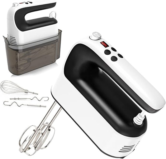 9-Speed Digital Hand Mixer Electric, 400W Powerful DC Motor, Hand Mixer Electric Handheld with Snap-On Storage Case, 5 Stainless Steel Accessories, Beaters, Dough Hooks, Whisk(White/Black)
