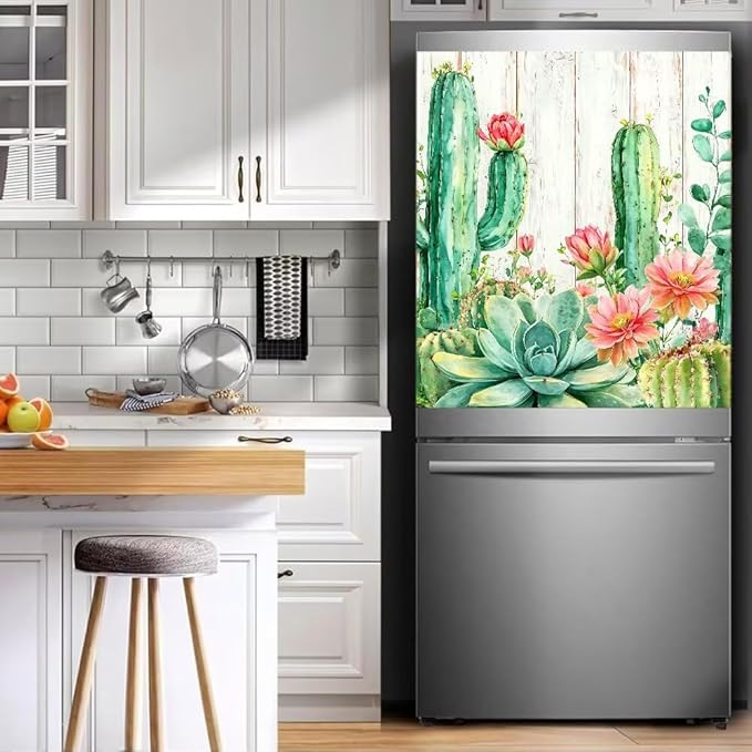 Cactus Succulent Floral Dishwasher Magnet Cover, Desert Plants Refrigerator Magnetic Vinyl Sticker for Dishwasher Door, Rustic Wood Decorative Kitchen Appliance Panel Decal, 23Wx26H Inches