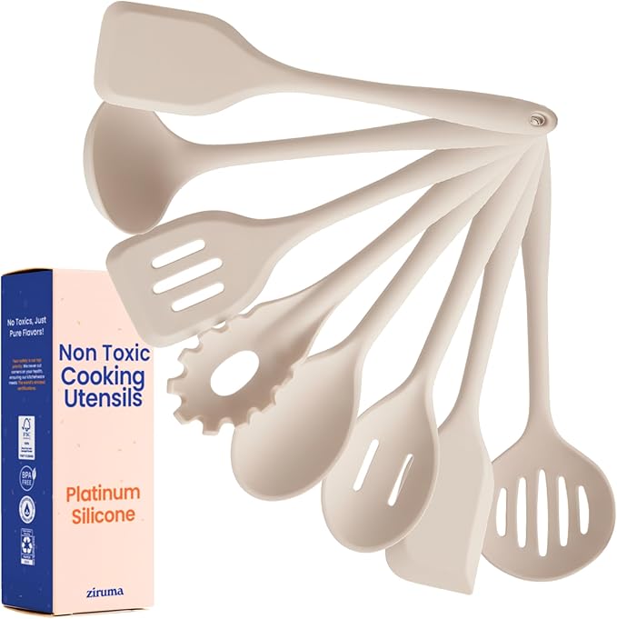 Non-Toxic Platinum Silicone Kitchen Utensil Set of 8 – Non-Scratch Cooking Spoons & Spatulas, 100% Plastic Free, Stainless Steel Core, Heat Resistant 500°F, Beige