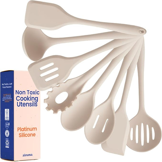 Non-Toxic Platinum Silicone Kitchen Utensil Set of 8 – Non-Scratch Cooking Spoons & Spatulas, 100% Plastic Free, Stainless Steel Core, Heat Resistant 500°F, Beige