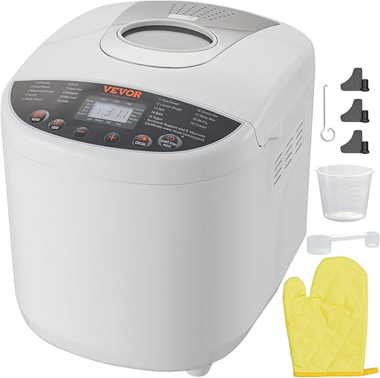 VEVOR Bread Maker, 19-in-1 2LB Dough Machine, Nonstick Ceramic Pan Automatic Breadmaker with Gluten Free Setting, Whole Wheat Bread Making, Digital, Programmable, 3 Loaf Sizes, 3 Crust Colors, White