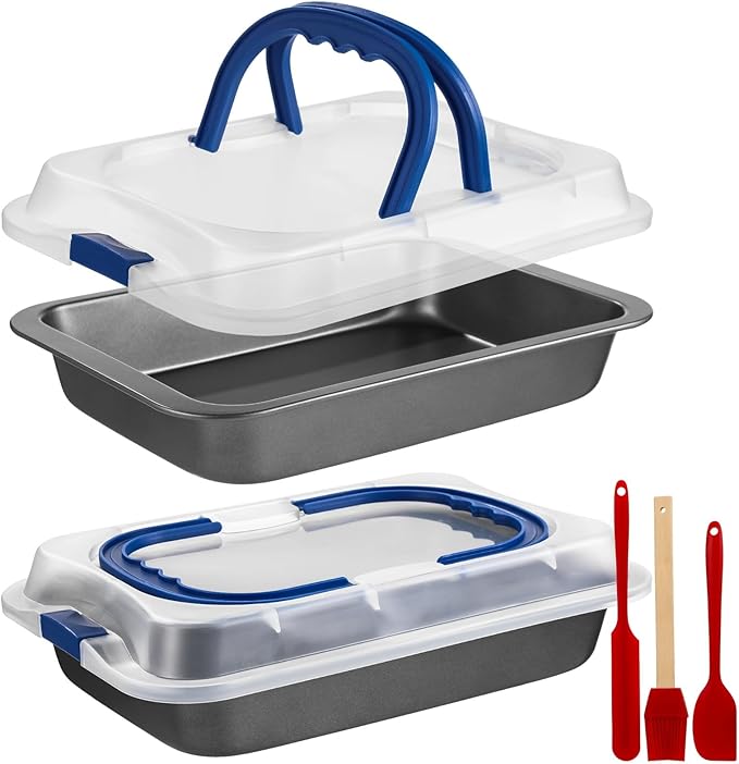 2 PCS Cake Baking Pan 9x13 with Lid & Handle, Nonstick Carbon Steel Baking Tray with Silicone Brush Scraper Spatula, Rectangular Sheet Pan for Cookies Brownie, Roasting Cooking