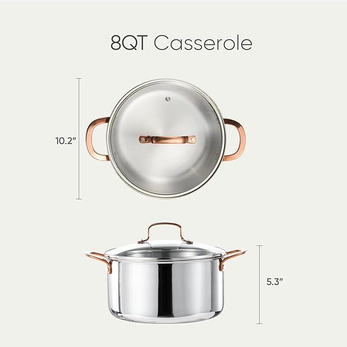 CAROTE 8 Qt Tri-Ply Stainless Steel Stockpot, Non-Toxic Stock Pot with Lid, Soup Pot for Pasta, Even Heating, Oven Safe, Induction, Ceramic and Gas Cooktops Compatible, Sliver