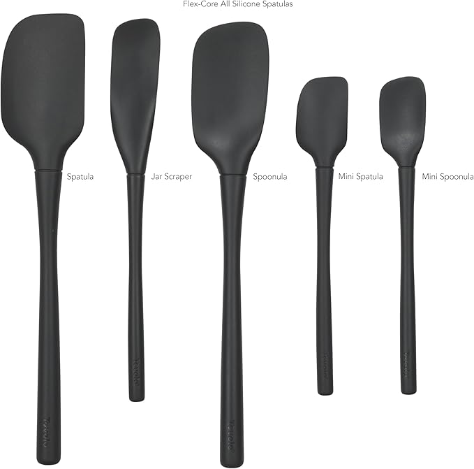 Tovolo Flex Core 5 Piece Silicone Spatula Set Heat Resistant All Silicone Utensils Include Non Stick Spatula Spoonula Jar Scraper, Dishwasher Safe BPA Free Spatulas for Baking Mixing, Black