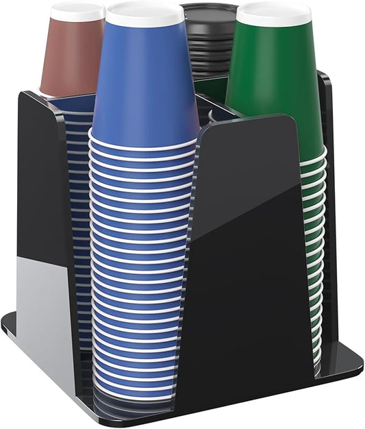 Coffee Cup Organizer for Countertop - Rotating Plastic Cup Holder 4 Compartments Black Acrylic Cup and Lid Holder for Coffee Bar Restaurant Breakroom Disposable Paper Coffee Cup Dispenser