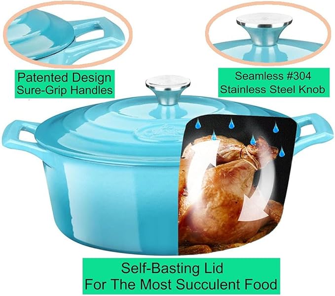 La Cuisine Enameled Cast Iron Oval Dutch Oven Casserole Pot with Lid, 6.75 QT Internal Matte Black Enamel for bread baking, 2-ton Teal Enamel Coating Finish Exterior, Oven Safe up to 480° F