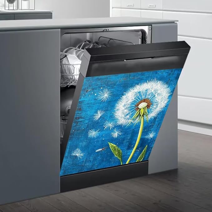 Dandelion Dishwasher Magnet Cover, Rustic Farmhouse Refrigerator Magnetic Vinyl Sticker for Dishwasher Door, Floral Decorative Kitchen Appliance Panel Decal, 23Wx26H Inches