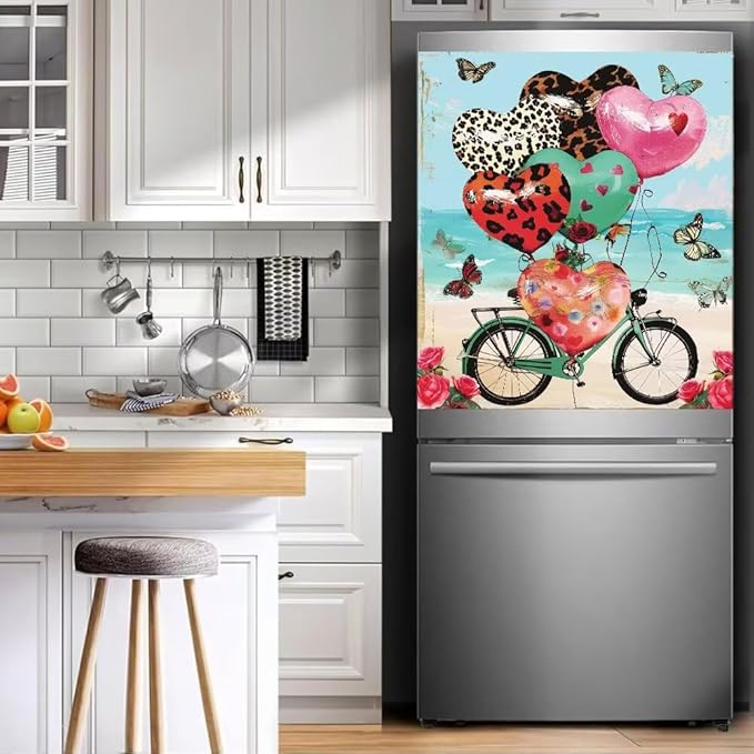 Dishwasher Magnet Cover, Heart Balloons Bicycle Butterfly Refrigerator Magnetic Vinyl Sticker for Dishwasher Door, Valentine's Day Decorative Kitchen Appliance Panel Decal, 23Wx26H Inches