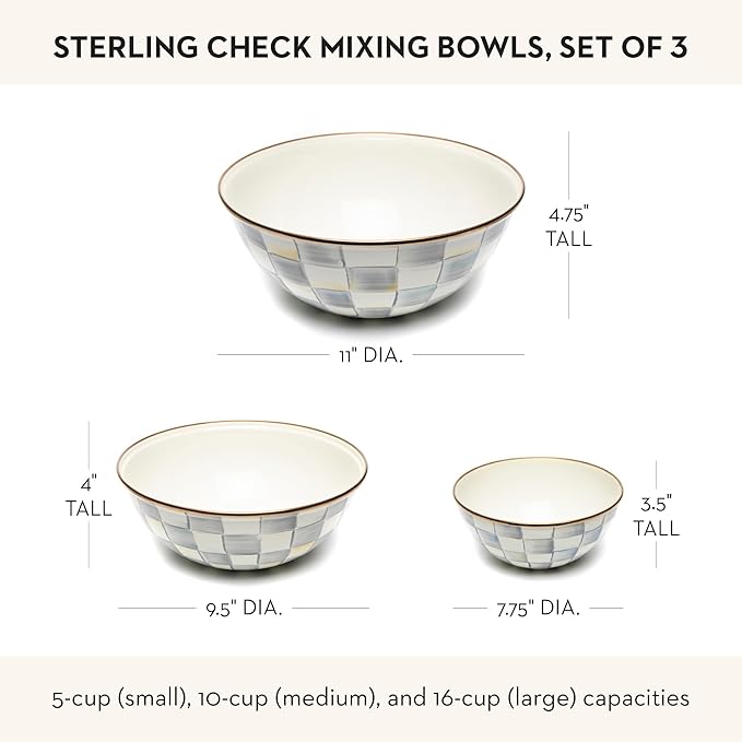 MACKENZIE-CHILDS Enamel Mixing Bowl Set, Small 5-Cup, Medium 10-Cup, and Large 16-Cup Serving Bowls for Entertaining, Set of 3, Gray-and-White Sterling Check