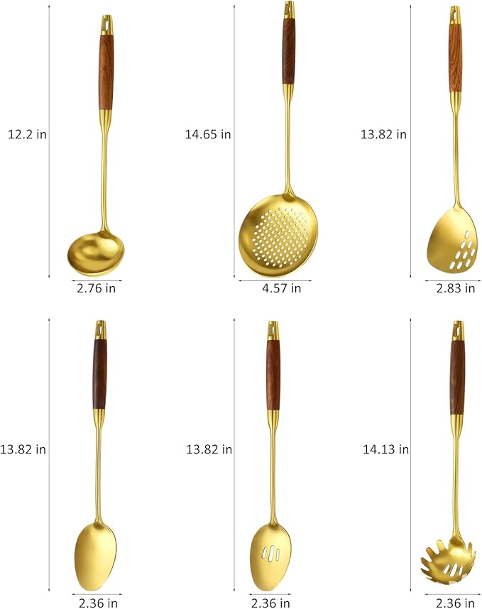 18/10 Stainless Steel Kitchen Utensils Set with Wood Handle Metal Cooking Utensils Set, 6-Piece - Spatula, Spoon, Ladle, Skimmer, Slotted Spoon, Pasta