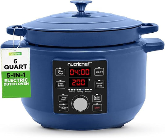 Nutrichef 6 Quart Electric Dutch Oven | 1500W 5-in-1 Enamel Coated Cast Iron Pot with Stainless Steel Lid | Precise Temperature Control | Includes 2 Silicone Pot Holders & Heat Resistant Pad | Blue
