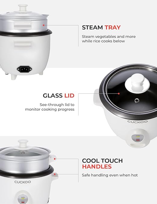 CUCKOO One Touch Rice Cooker 3-Cup (Uncooked) / 6-Cup (Cooked), Mini Rice Cooker & Warmer with Steamer Tray, Versatile Grain Cooker, Soup Maker, Auto Keep Warm, White (CR-0301C)
