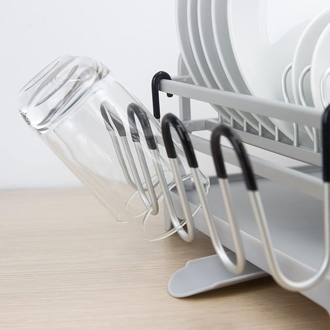Evelyne GMT-10353-B Aluminum Dish Drying Rack with Utensil Holder - 2 Tier Kitchen Countertop Rust Proof Dish Rack Lid Hanger and Drainboard Set - Large Dish Organizer Rack