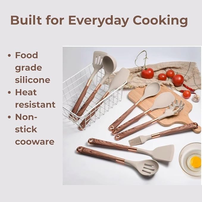 11-Piece Premium Silicone Kitchen Utensil Set with Holder - Heat-Resistant Cooking Tools with Wooklike Grain Handles & Rose Gold Accents - Nonstick Utensils for Modern Home Cooks.