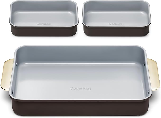 Caraway Nonstick Rectangle Baking Pan Set – 2x 9" x 6.5" & 1x 9" x 13" - Non-Toxic, PTFE & PFOA Free – Aluminized Steel Core – Deep Ceramic Baking Pan for Casseroles, Lasagna & More - Black