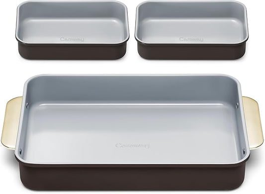 Caraway Nonstick Rectangle Baking Pan Set – 2x 9" x 6.5" & 1x 9" x 13" - Non-Toxic, PTFE & PFOA Free – Aluminized Steel Core – Deep Ceramic Baking Pan for Casseroles, Lasagna & More - Black