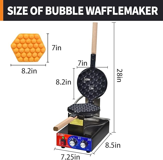 Bubble Waffle Maker - Commercial Egg Waffle Maker w/Non-stick, Temperature and Timers, 1400W Hong Kong Egg Waffle Iron w/Rotating Baking Pan, Stainless Steel Bubble Waffle Machine Restaurants