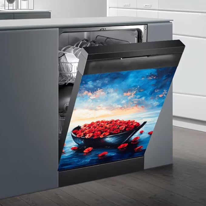 Dishwasher Magnet Cover, Red Poppies in Boat on Blue Ocean Refrigerator Magnetic Vinyl Sticker for Dishwasher Door, Metal Horse Decorative Kitchen Appliance Panel Decal, 23Wx26H Inches