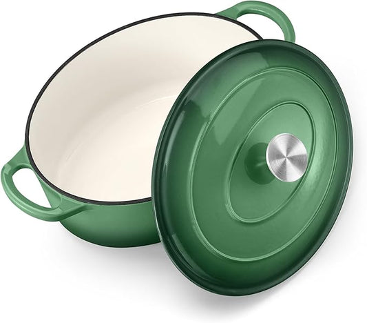 TeamFar Oval Dutch Oven, 5qt Enameled Cast Iron Dutch Oven Pot with Lid, For Bread Baking/Stewing/Braising/Frying, Suitable for Various Stoves, Dual Handles & Easy Cleanup, Basil Green