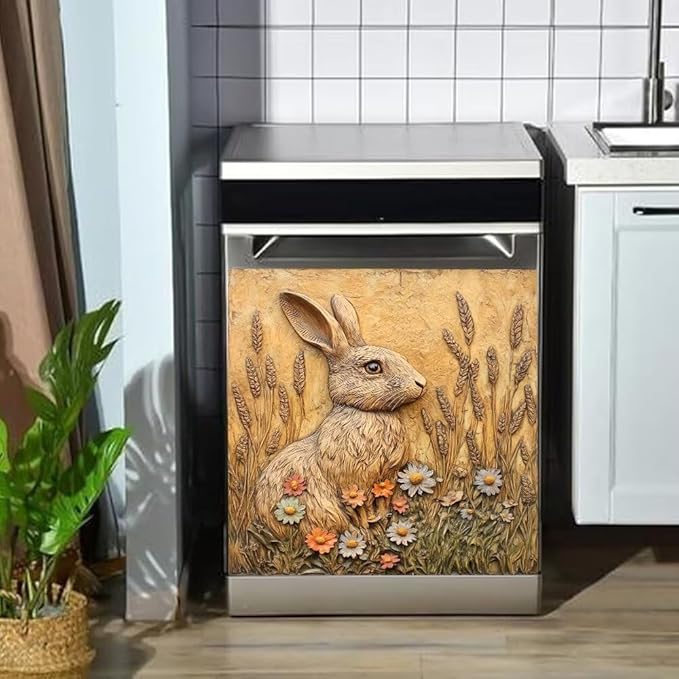 Easter Bunny Dishwasher Magnet Cover, Rabbit Flowers Refrigerator Magnetic Vinyl Sticker for Dishwasher Door, Rustic Farmhouse Floral Decorative Kitchen Appliance Panel Decal, 23Wx26H Inches