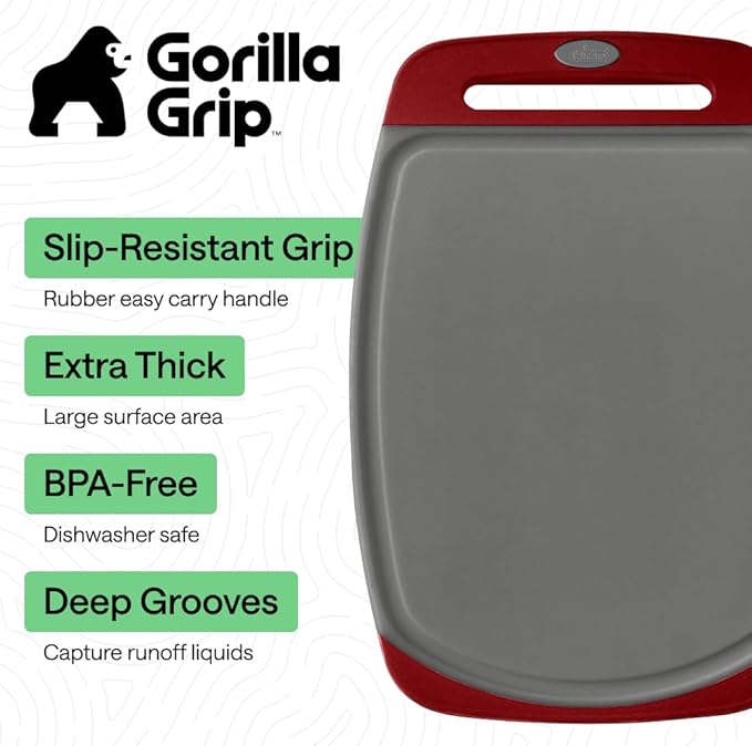 GORILLA GRIP BPA-Free Reversible Kitchen Cutting Board Set of 3, US Designed, Nonporous, Juice Grooves Catch Liquid, Slip Resistant Border, Dishwasher Safe, Durable Large Food Chopping Boards,Gray Red