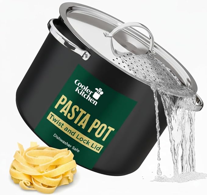 Pasta Pot with Strainer Lid - 5.5 Quart Large Spaghetti Pot - Twist & Lock for Easy Drain & No Colander Or Strainer Basket Insert Needed - Dishwasher Safe Pots