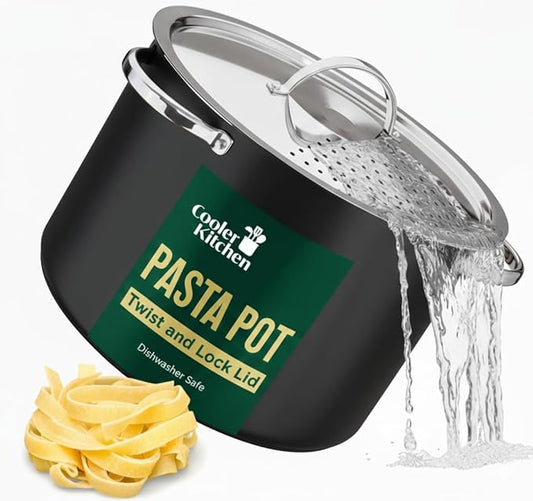 Pasta Pot with Strainer Lid - 5.5 Quart Large Spaghetti Pot - Twist & Lock for Easy Drain & No Colander Or Strainer Basket Insert Needed - Dishwasher Safe Pots