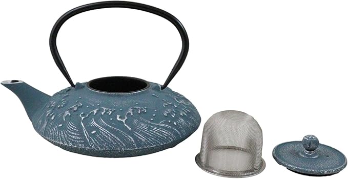 Ebros Gift Traditional Oriental Tetsubin Cast Iron Teapot With Enameled Interior 27oz Asian Japanese Chinese Fusion Housewarming Tea Pot Accent (Royal Blue Ocean Sea Waves)