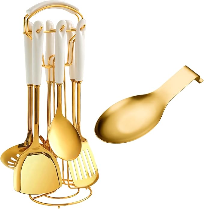 Stainless Steel Gold Kitchen Utensils Set with Holder & Spoon Rest, Durable Kitchen Accessories Includes 6 Cooking Utensils, 1 Hanging Rack,1 Ladle Holder, Easy to Clean, Modern Countertop Décor