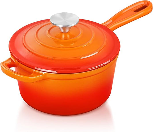TeamFar 2QT Enameled Cast Iron Sauce Pan, Small Sauce Pot Saucepan with Lid, Mini Dutch Oven for Cooking/Baking/Simmering/Boiling, Sturdy & Nonstick, Oven Safe & Fit for Induction- Orange
