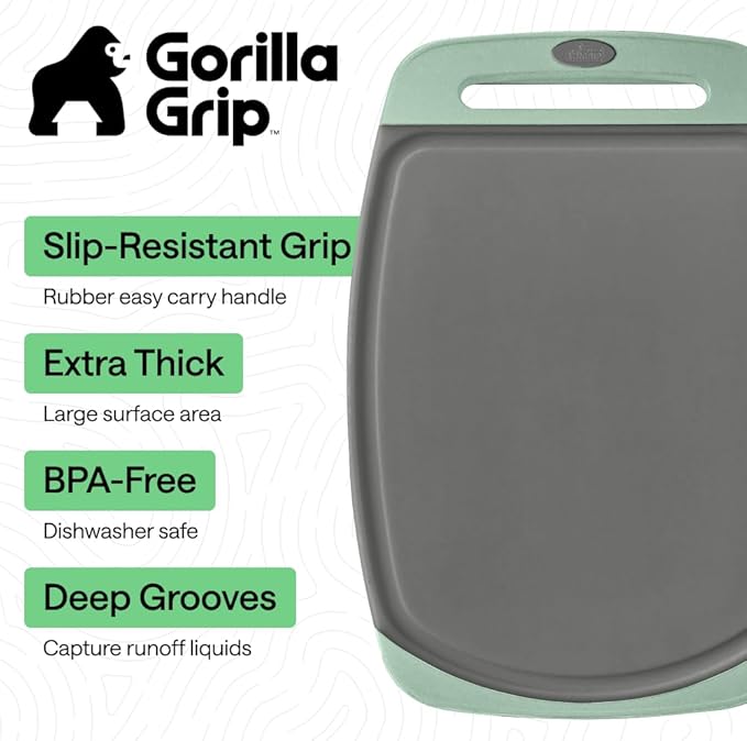 GORILLA GRIP BPA-Free Reversible Kitchen Cutting Board Set of 3, US Designed, Nonporous, Juice Grooves Catch Liquid, Slip Resistant Border, Dishwasher Safe, Durable Food Chopping Boards, Gray Mint