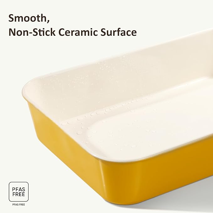 CAROTE 7-Piece Nonstick Ceramic Baking Pans Set - Bakeware Sets Including Cookie Sheets for Baking, Muffin Pan, Bread Pan, Cake pan, Loaf Pan, Roasting Pan, and Cooling Rack, Yellow & White