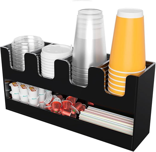Beego 5-Compartment Cup Holder for Countertop - 2-Tier Black Acrylic Cup Dispenser Coffee Station Paper Cup and Lid Organizer Condiment Storage for Restaurant Breakroom Kitchen Bar Accessories