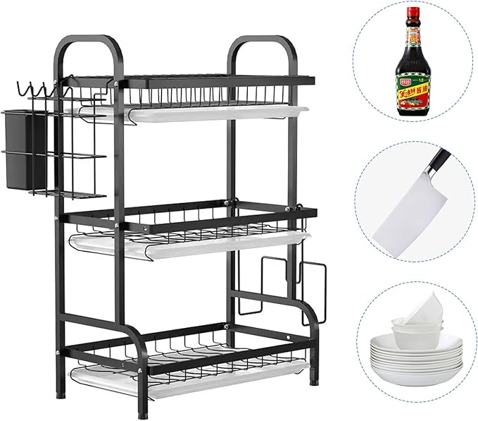 KUK 3 Tier Dish Drying Rack, Stainless Steel Over The Sink Dish with Drain Tray, Kitchen Dishes Drying Racks, Dish Racks for Kitchen Counter Storage (Black)